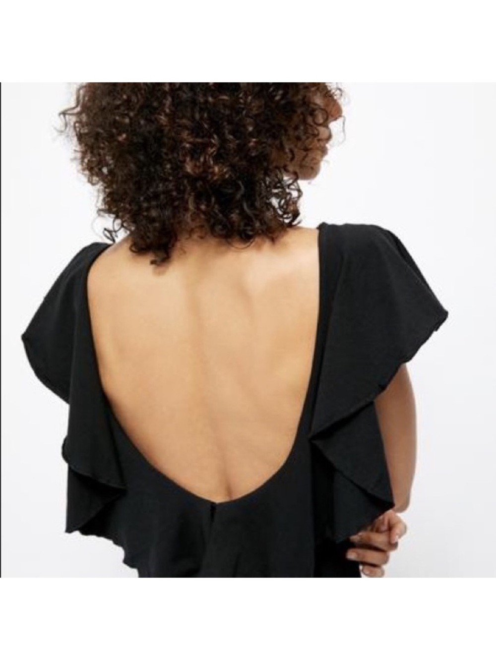 Free People Black Open-Back Ruffle Sleeve Bodysuit
